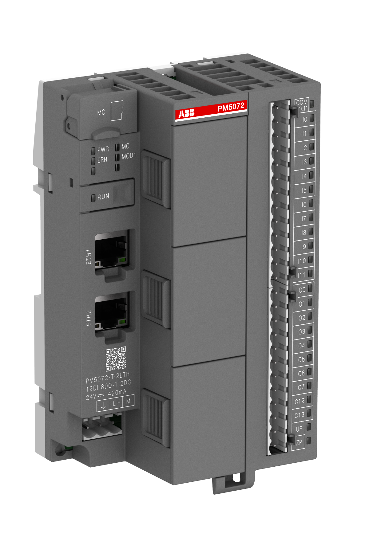 ABB PM5072-T-2ETH Memory 8MB. 12 DI 24 VDC. 8 DO 24 VDC 0.5A. 2 DC 24 VDC. 2 Ethernet interfaces. 3 — Circuit Breakers