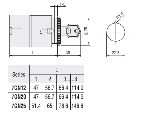 Lovato Rotary cam switch 7GN series, changeover switch without 0, 1 pole 16A, for front mounting without front plate with key operation for hole Ø22mm fixing — Changeover Switches