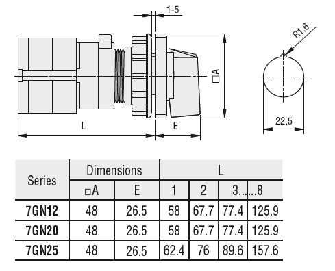 Lovato Rotary cam switch 7GN series, changeover switch without 0, 4 poles 16A, for snap on front mounting with black handle for hole Ø22mm fixing, front plate 48X48mm — Changeover Switches