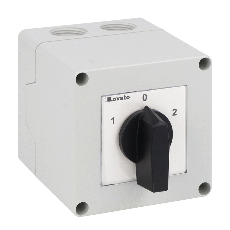 Lovato Enclosed rotary cam switch 7GN series, changeover switch 4 poles 20A in plastic enclosure 75X75mm with black handle — Changeover Switches