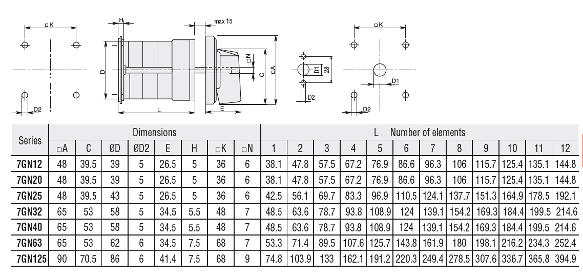 Lovato Rotary cam switch 7GN series, multi-step 0-1-2-3-4, 1 pole 25A, for rear mounting with black handle, front plate 48X48mm — Changeover Switches
