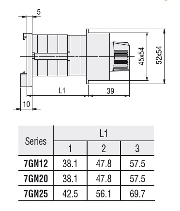 Lovato Rotary cam switch 7GN series, multi-step 0-1-2-3-4, 1 pole 25A, modular service cover for 35mm DIN reail mounting with black handle, front plate 45X54mm — Changeover Switches