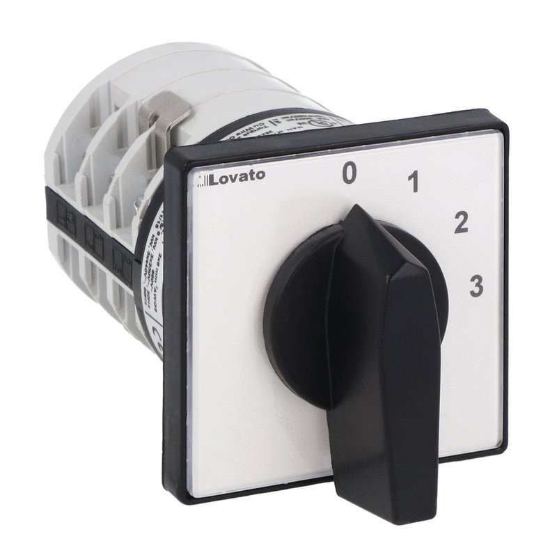 Lovato Rotary cam switch 7GN series, multi-step 0-1-2-3, 2 poles 32A, for front mounting with black handle, front plate 65X65mm — Changeover Switches