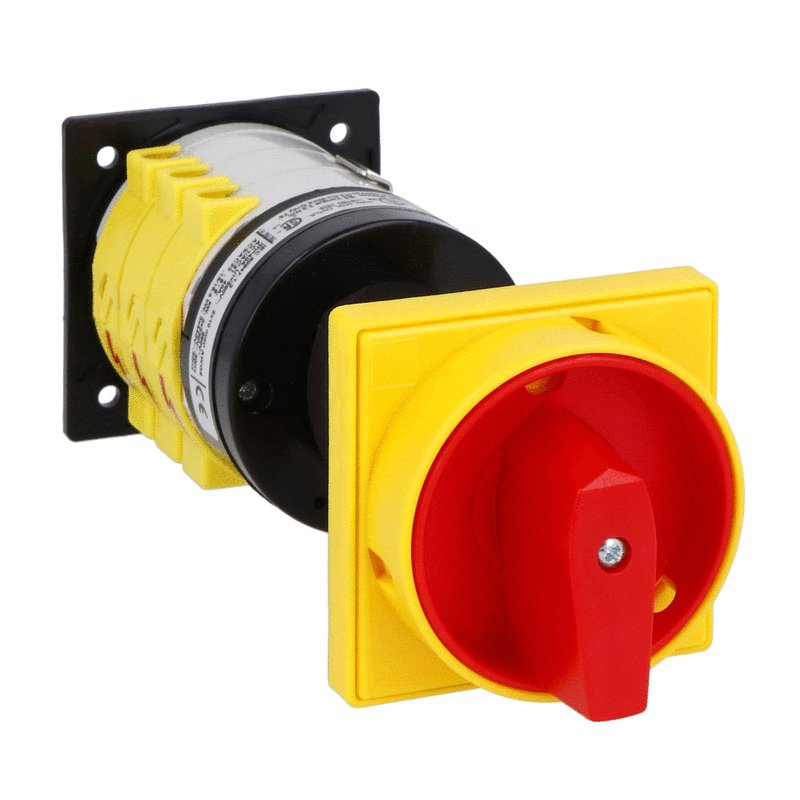 Lovato Rotary cam switch 7GN series, 3-phase motor reversing switch 40A, for rear mounting with red/yellow handle padlockable in 0, door coupling and protection covers, front plate: 65x65 — Changeover Switches