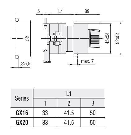 Lovato Rotary cam switch GX series, ON-OFF switch 4 poles 20A, modular service cover for 35mm DIN reail mounting with black handle, front plate 45X54mm — Disconnect Switches