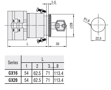 Lovato Rotary cam switch GX series, changeover switch 4 poles 20A, for front mounting without front plate with key operation for hole Ø22mm fixing — Changeover Switches