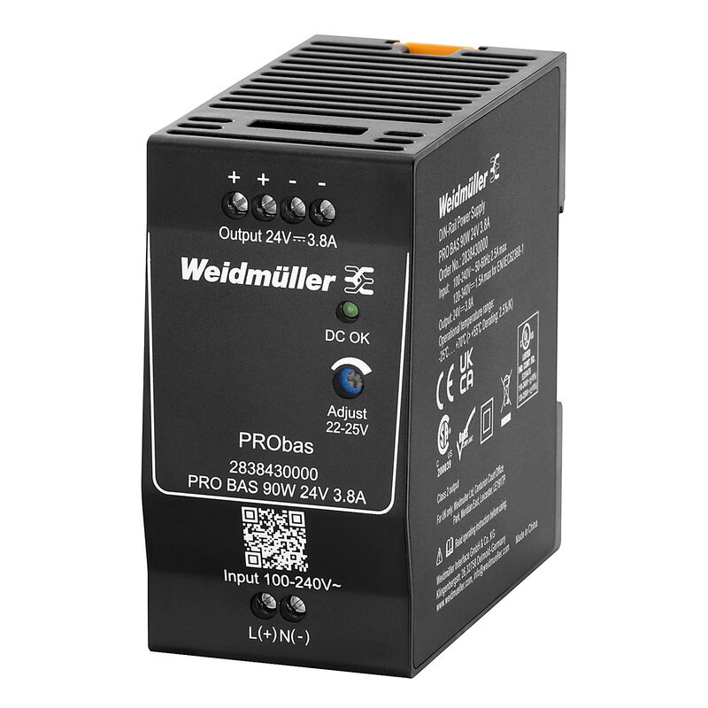 Weidmuller PRO BAS 90W 24V 3.8A 2838430000 AC-DC Power Supplies (PCB Mount) — DIN Rail Power Supplies for PLC