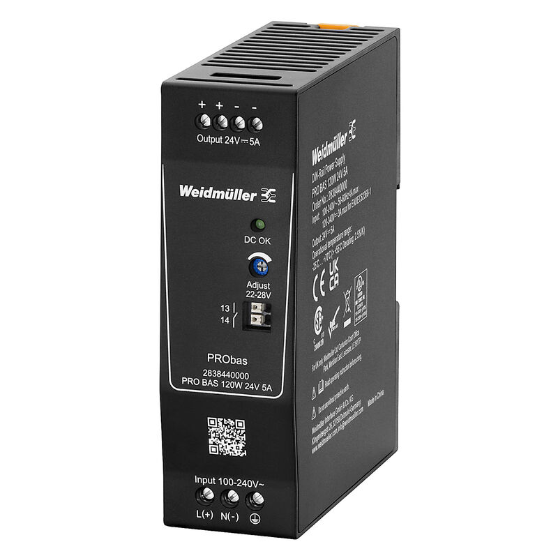 Weidmuller PRO BAS 120W 24V 5A 2838440000 AC-DC Power Supplies (PCB Mount) — DIN Rail Power Supplies for PLC