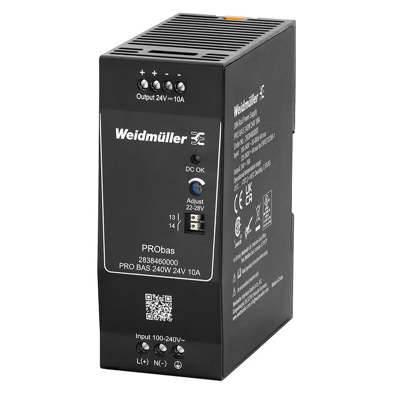Weidmuller PRO BAS 240W 24V 10A 2838460000 AC-DC Power Supplies (PCB Mount) — DIN Rail Power Supplies for PLC