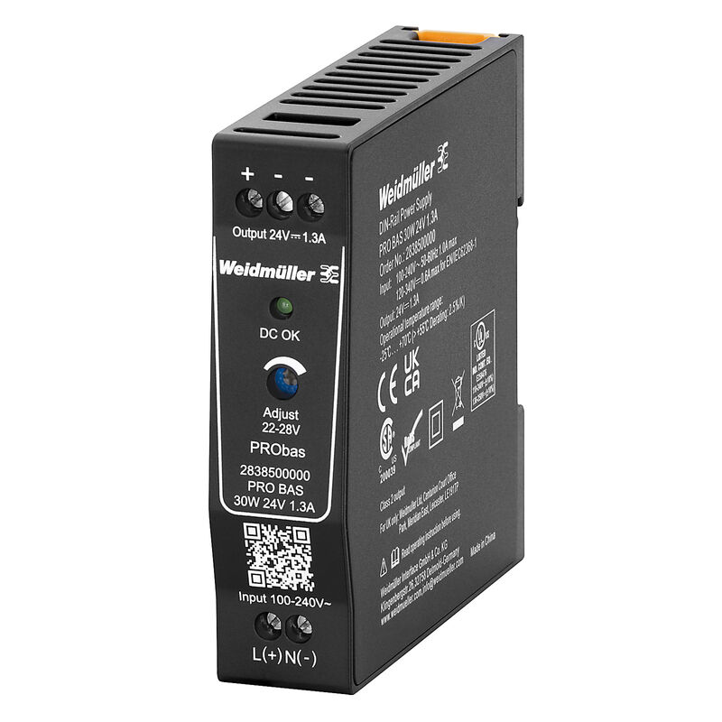 Weidmuller PRO BAS 30W 24V 1.3A 2838500000 AC-DC Power Supplies (PCB Mount) — DIN Rail Power Supplies for PLC